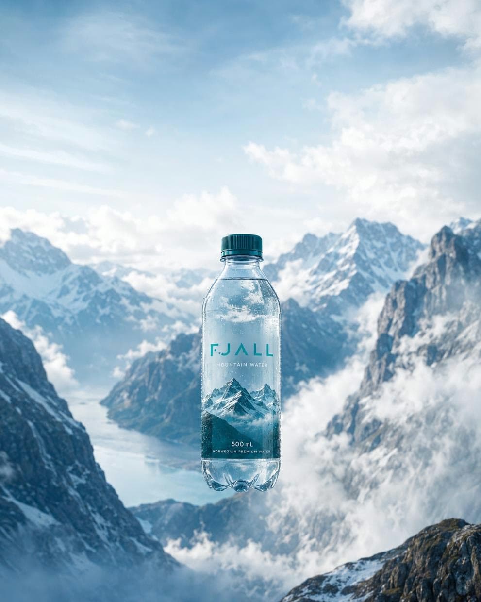 A bottle of Fjall water above a Norwegian fjord wreathed in cloud