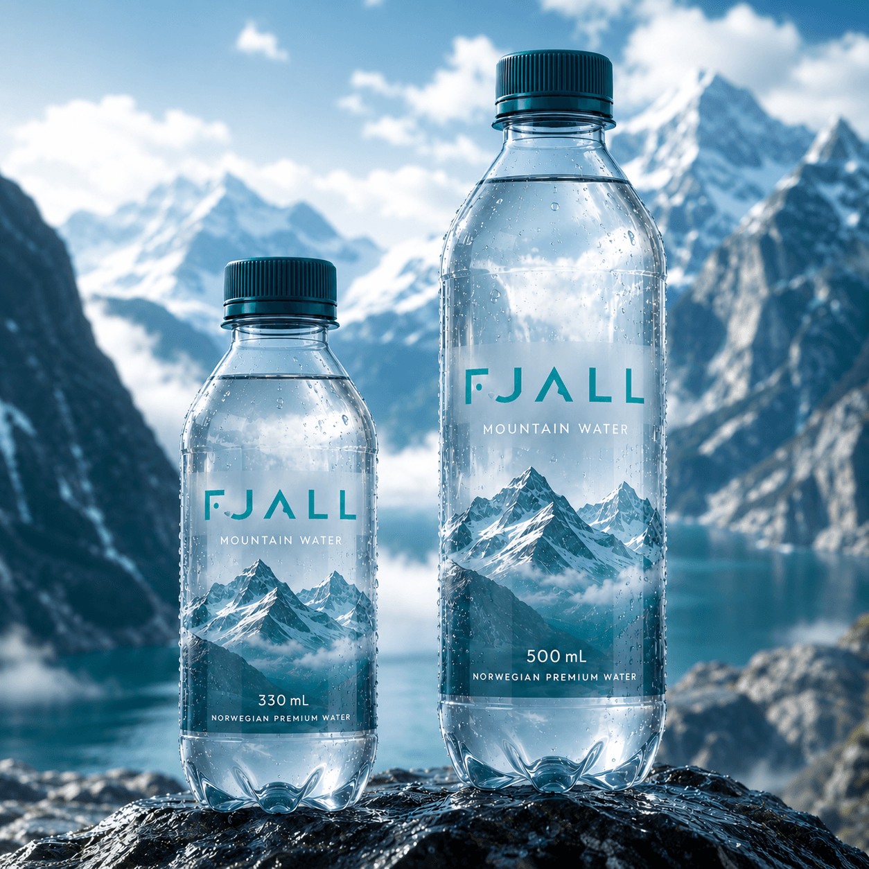 Fjall 330 mL and 500 mL bottles on a rock before a mountain lake